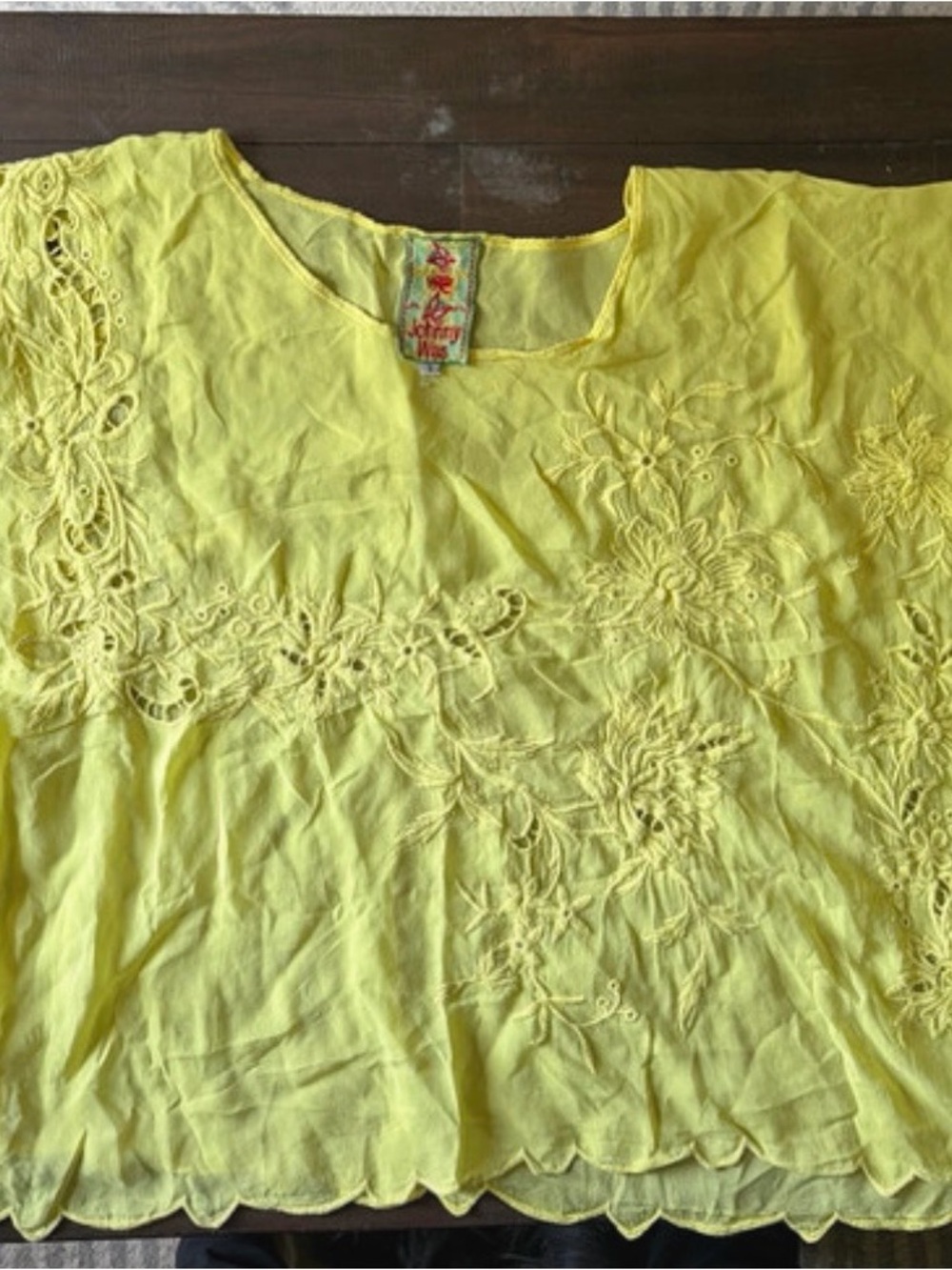 Johnny Was Yellow Floral Embroidered Scoop Neck Blouse